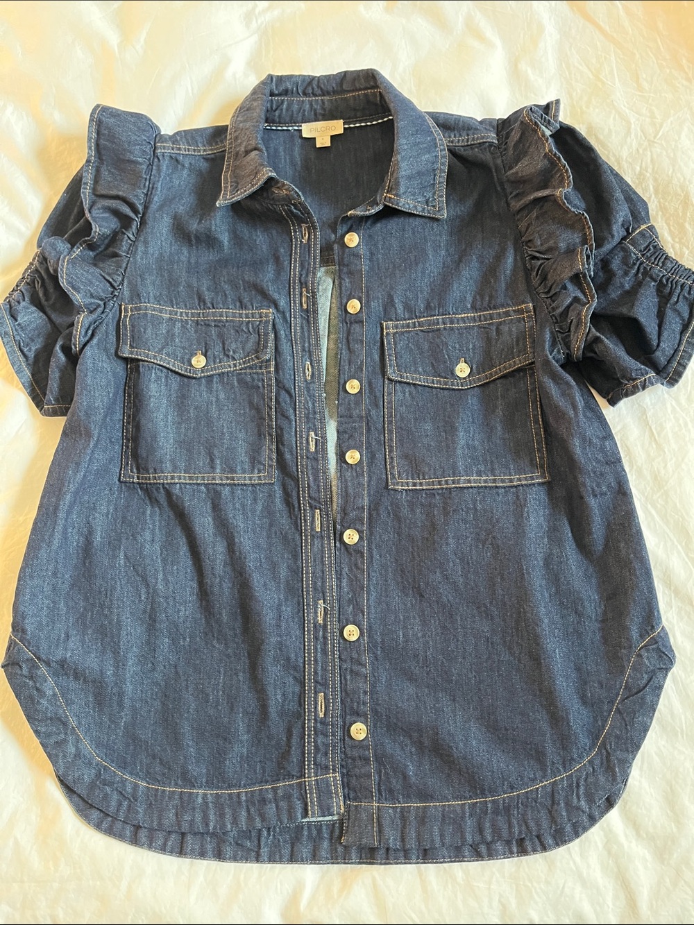 Ozzi Ruffle-Sleeve Buttondown Shirt by Pilcro Anthropologie denim puff sleeve